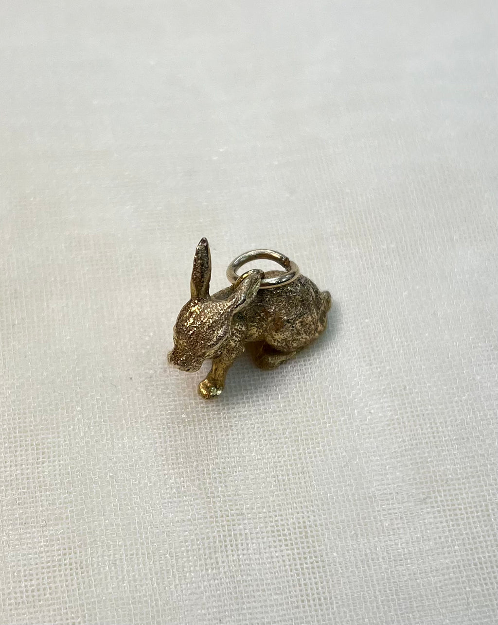 gold rabbit charm on white fabric background