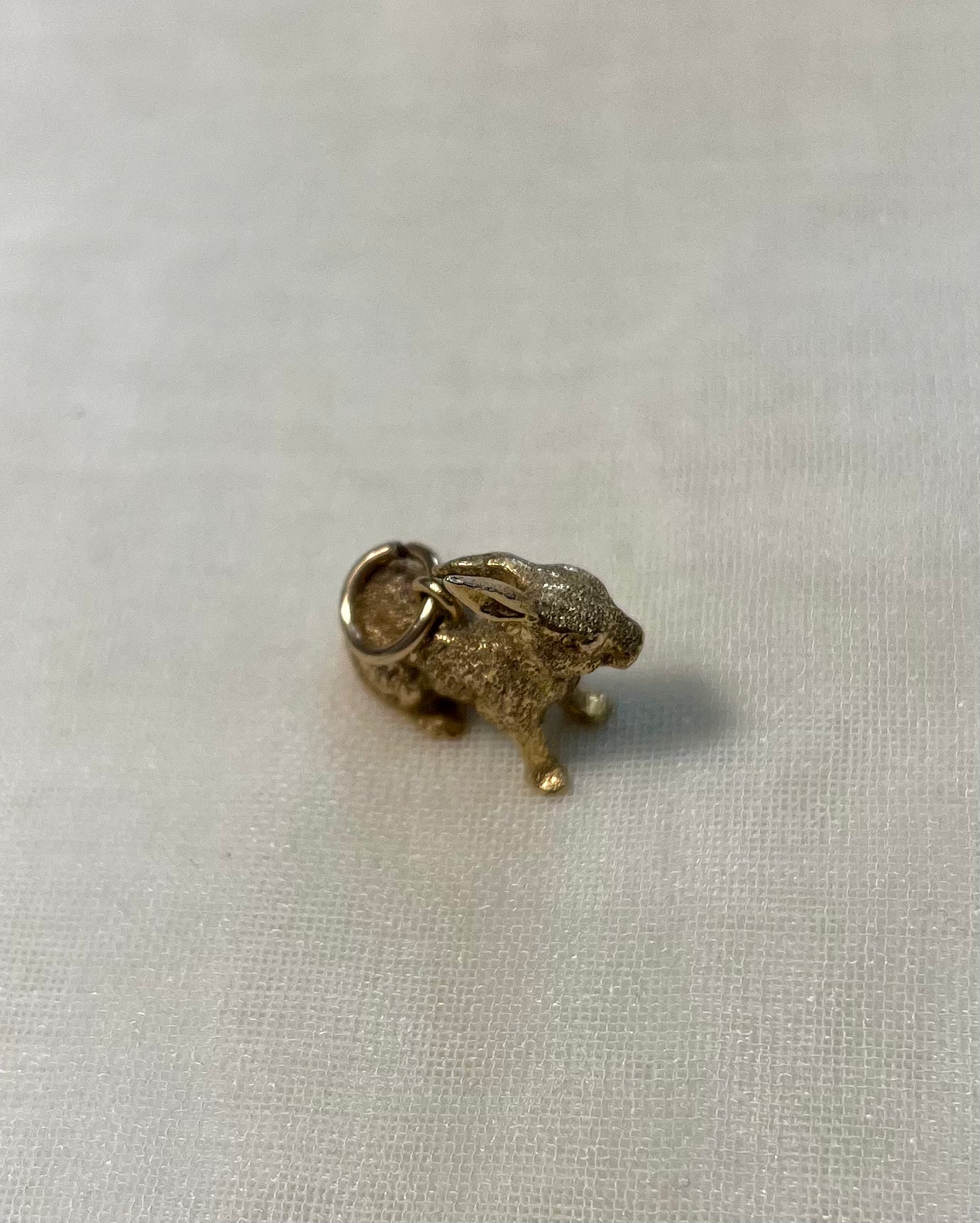 gold bunny charm on white fabric background 