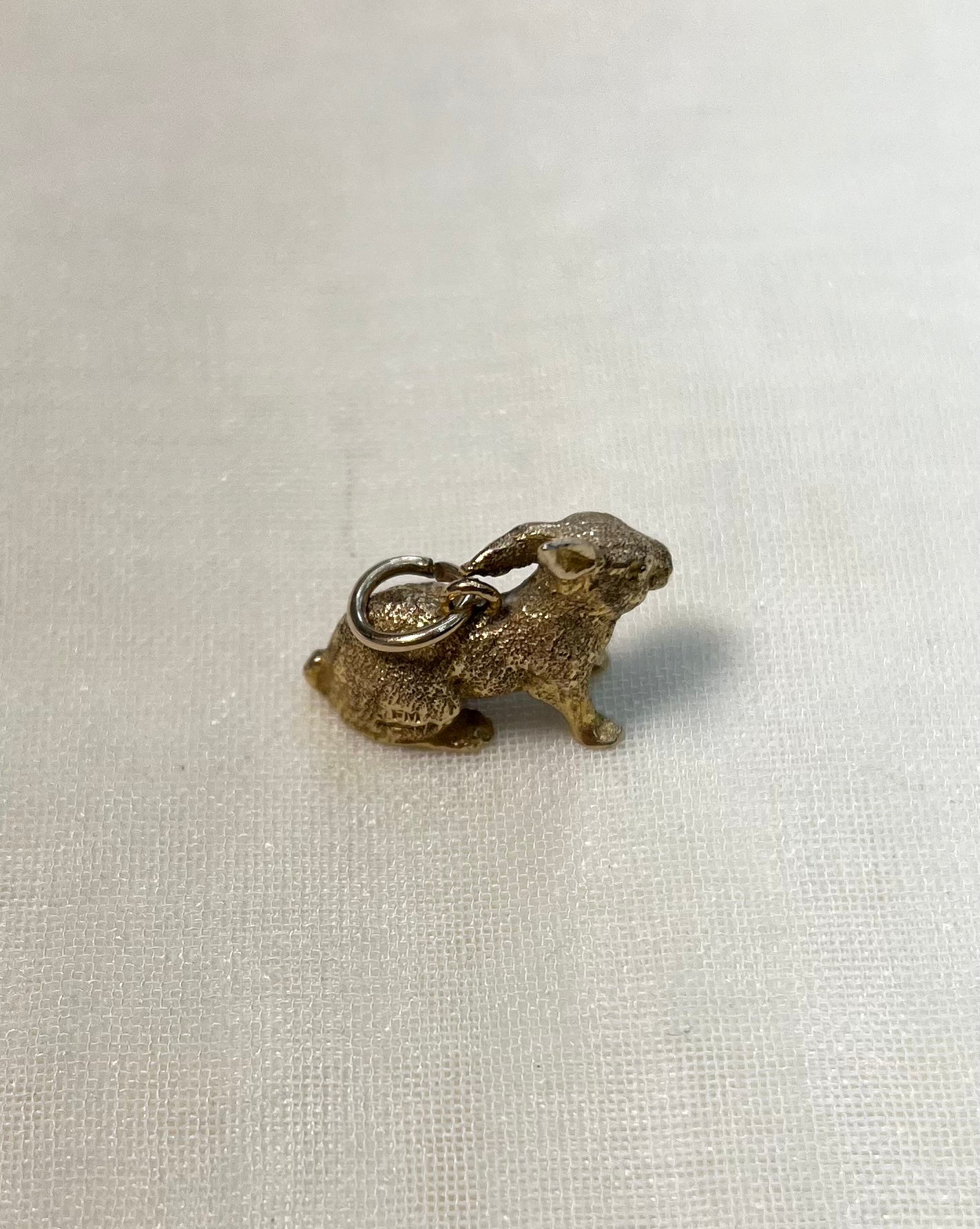 gold rabbit charm on white fabric background