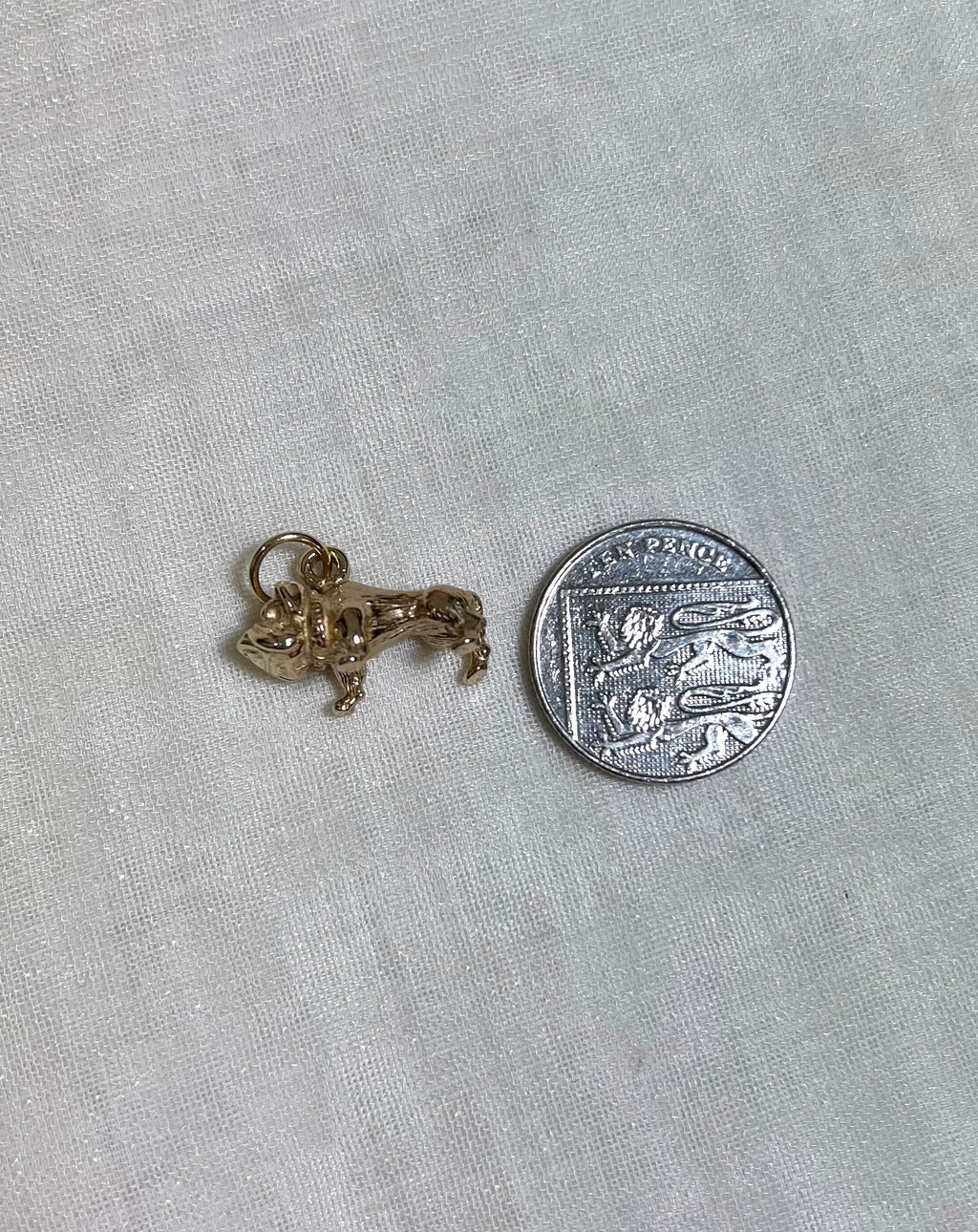 gold dog charm next to ten pence coin on white fabric background 