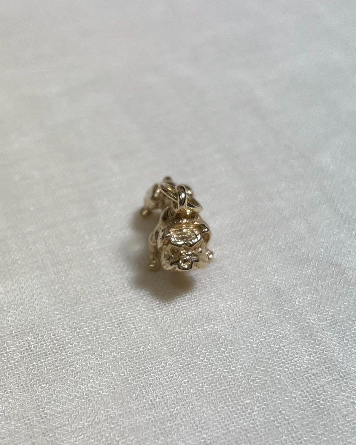 gold dog charm on light fabric background