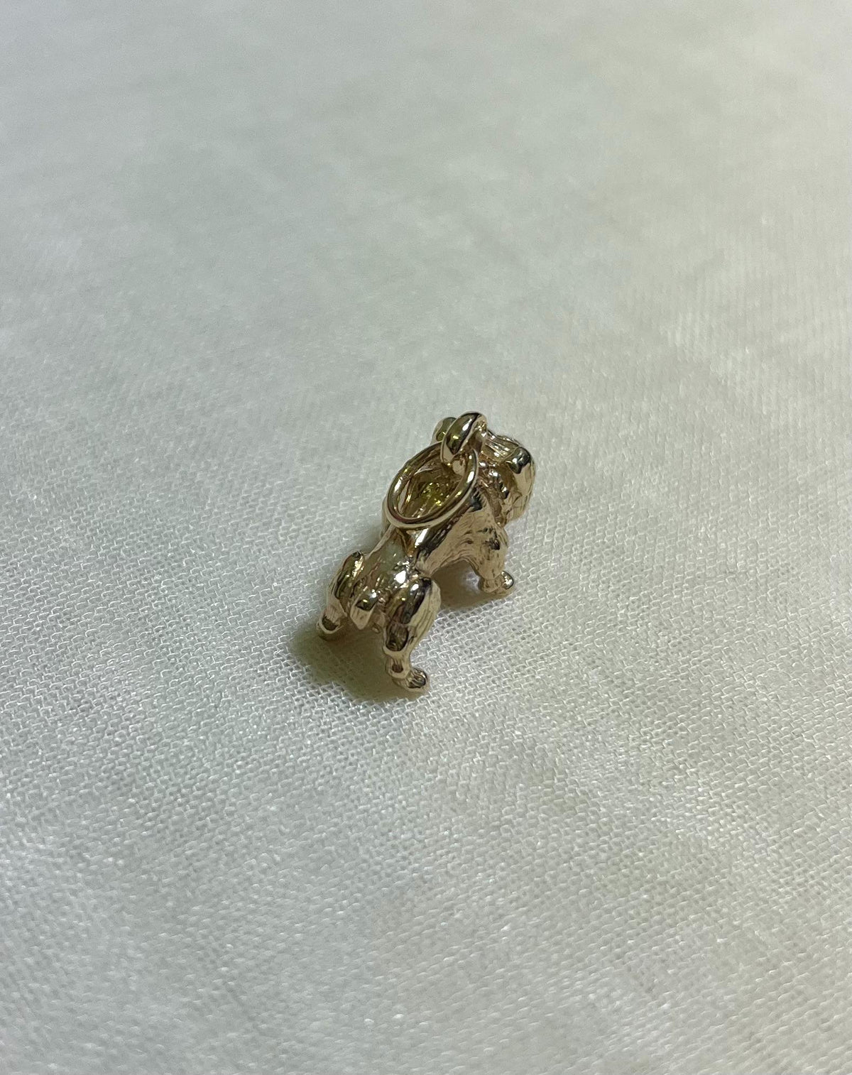 Gold dog charm on a light fabric background