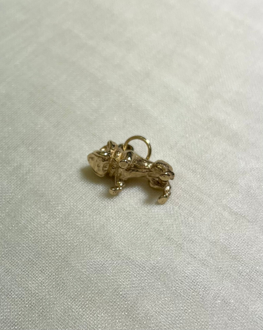 gold dog charm on light fabric background 