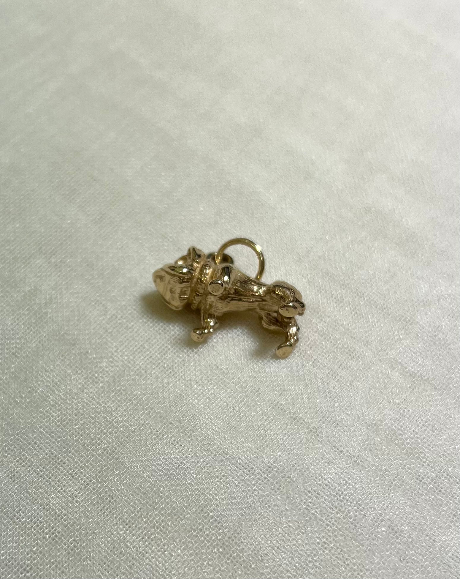 gold dog charm on light fabric background 