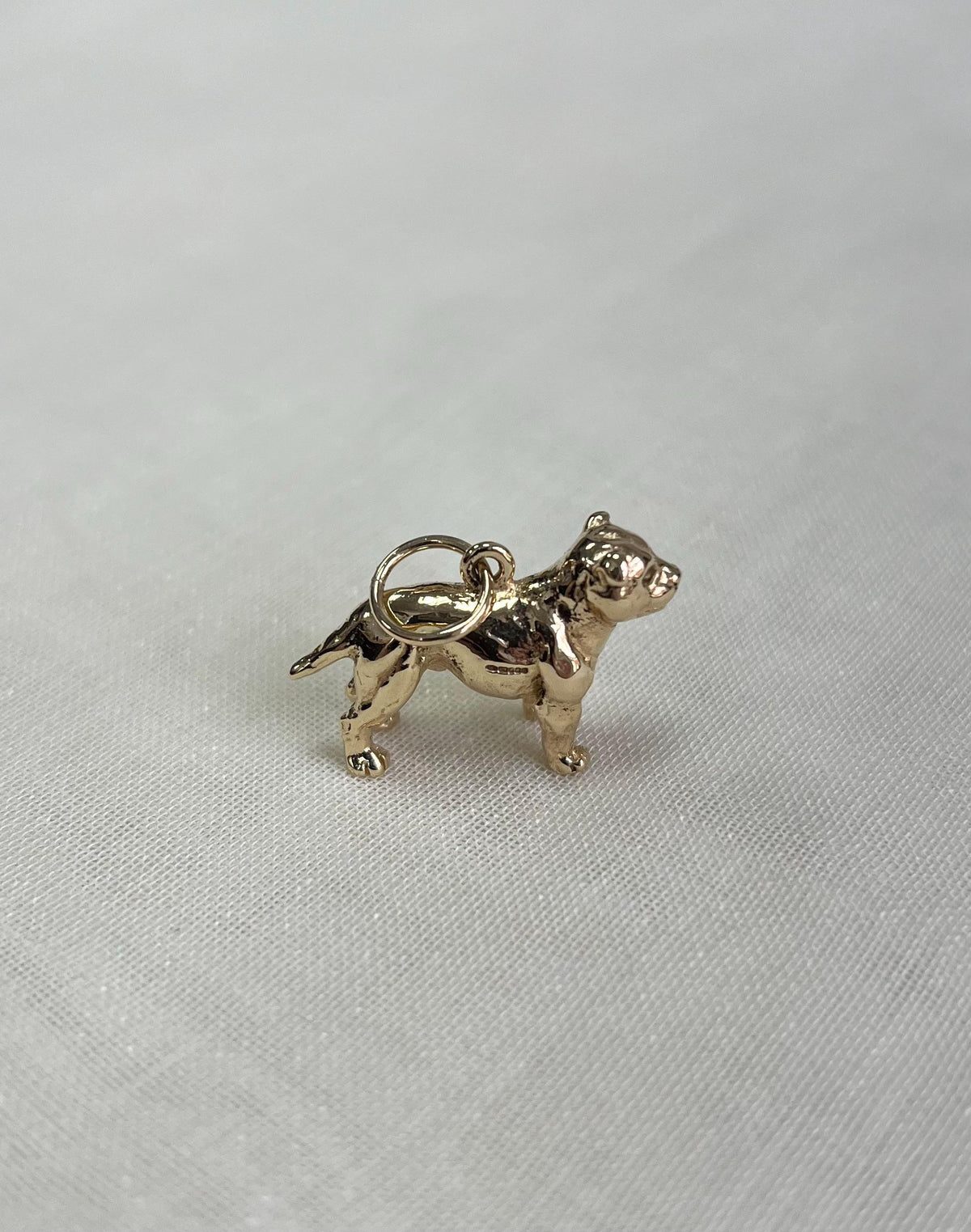 gold dog charm on white fabric background