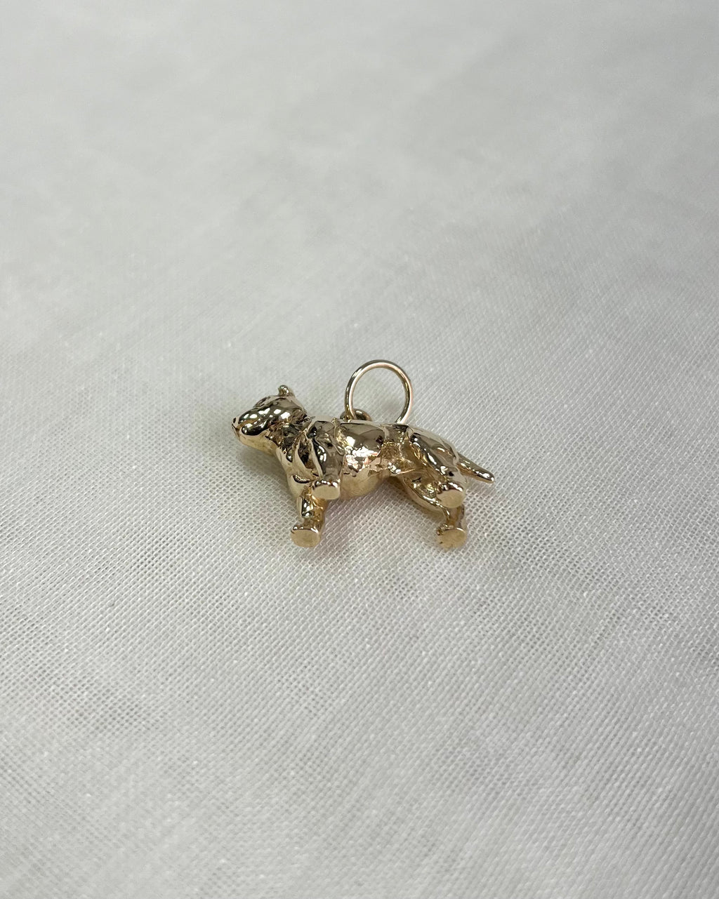 a gold dog charm on white fabric background