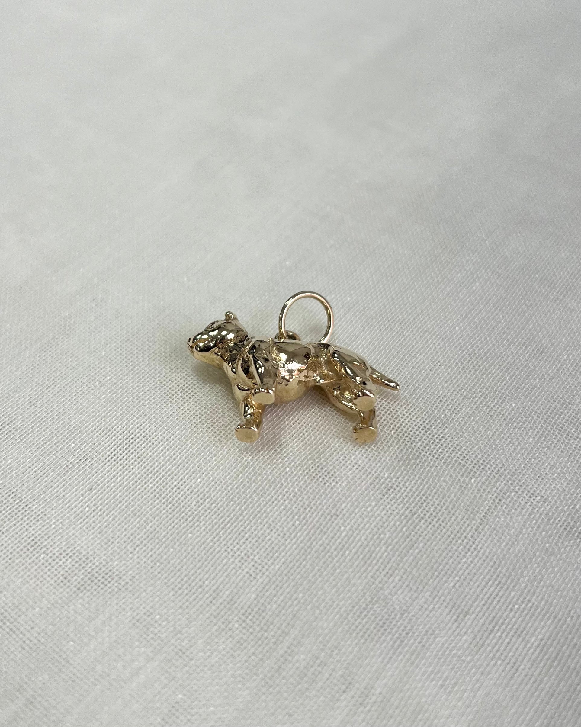 a gold dog charm on white fabric background
