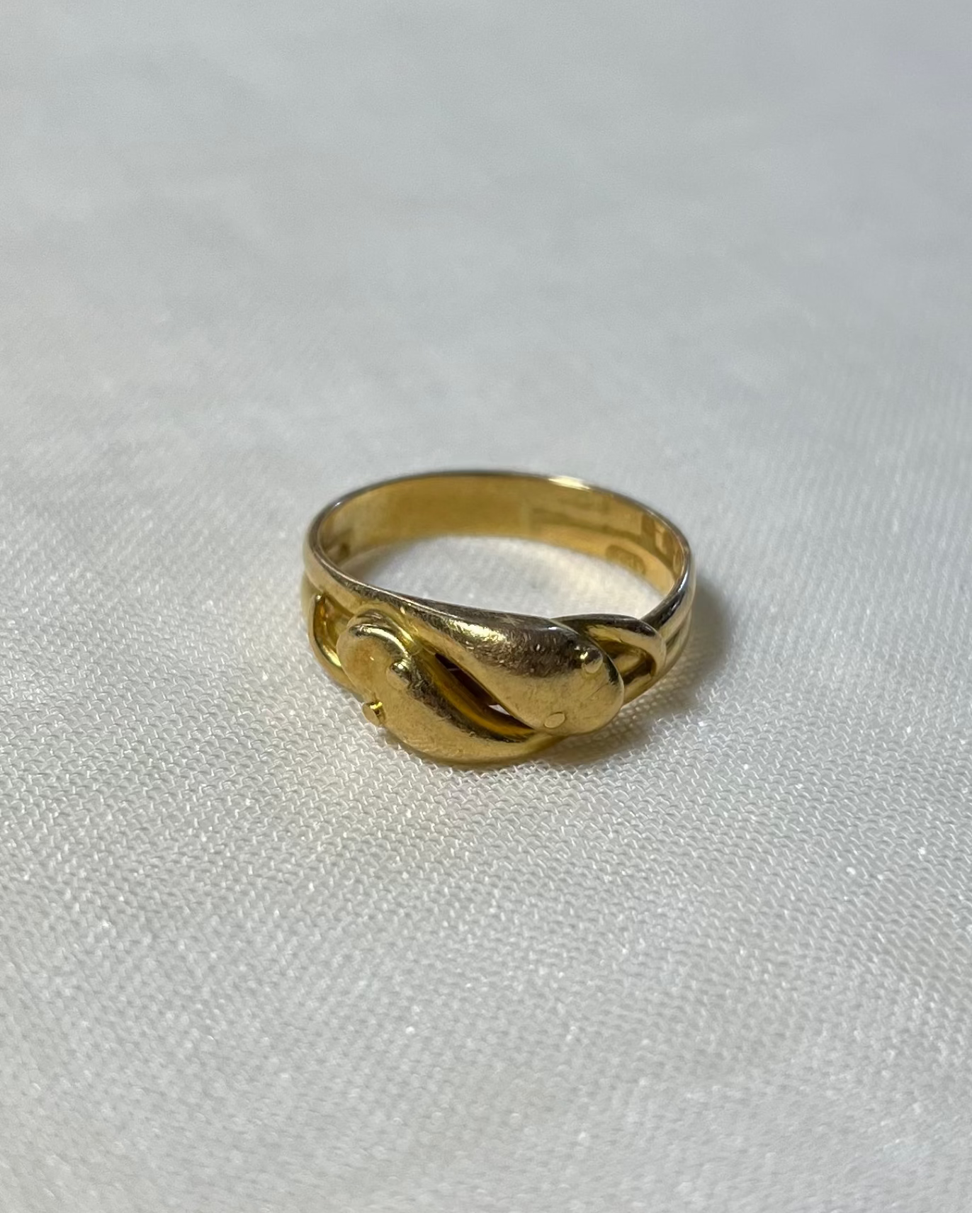 gold ring with two snake heads, resting on white fabric background