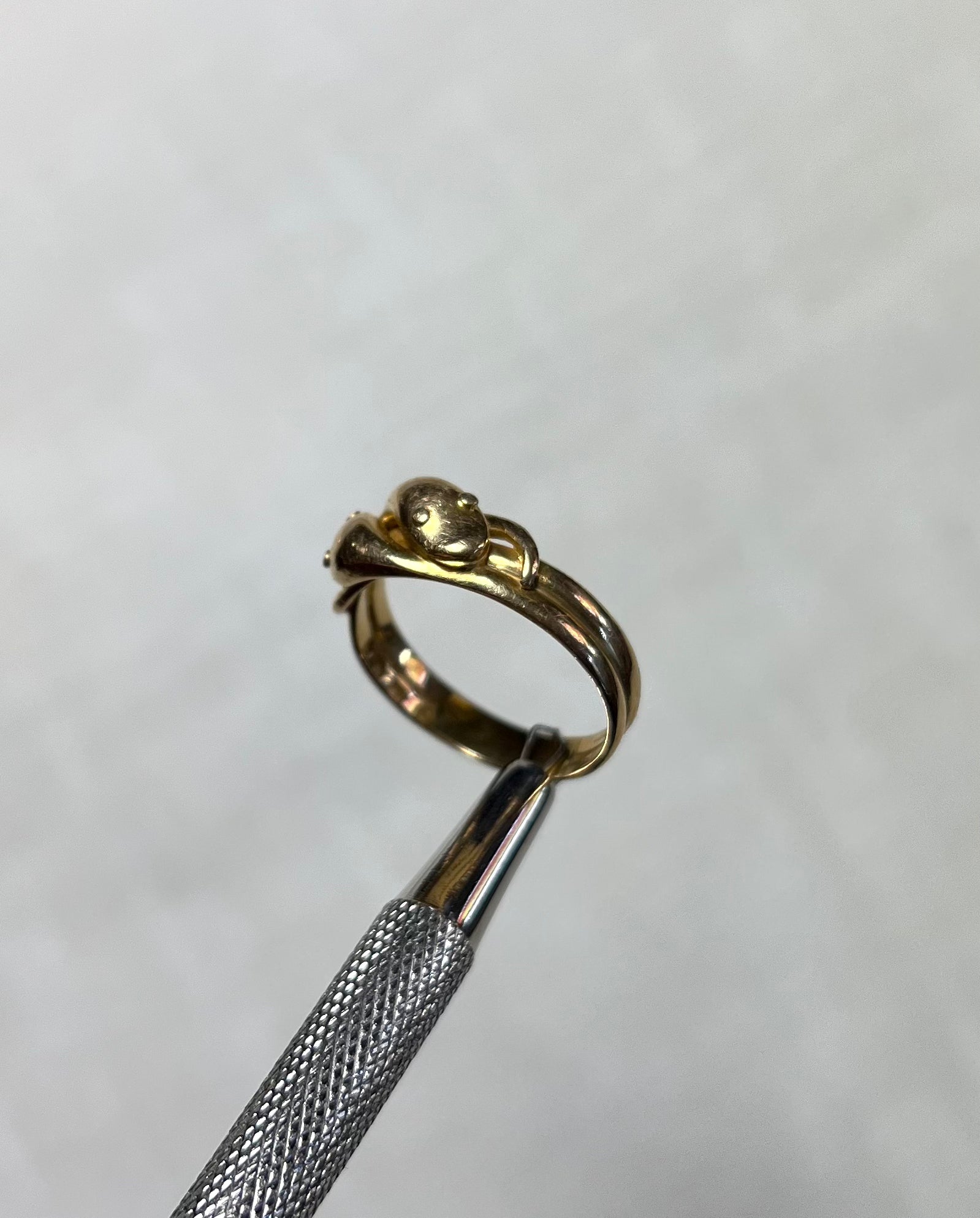 gold ring with two snake heads, held by silver tool above soft cream background 
